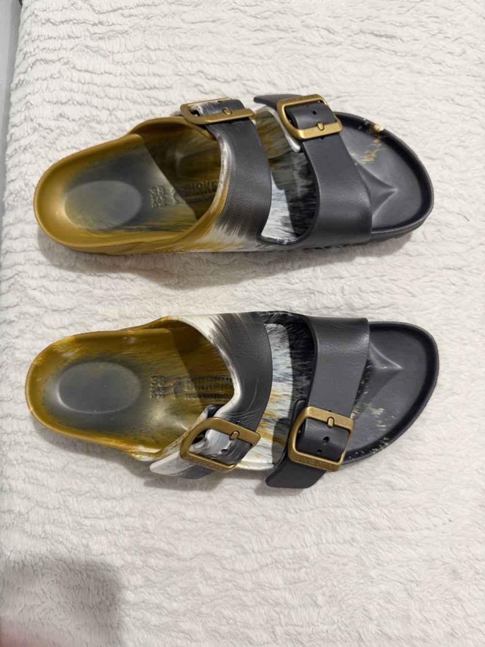 Birkenstock Grey and Gold Double Buckle Slides